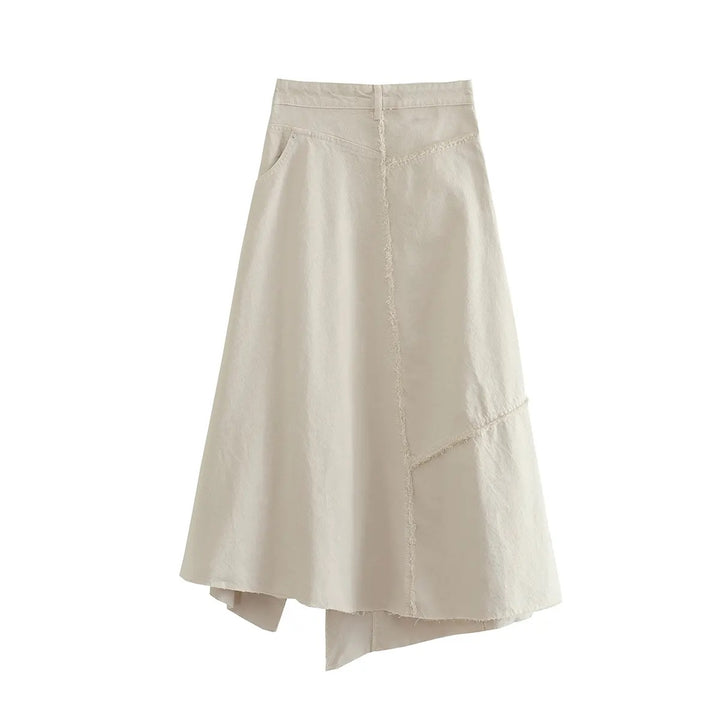 Montela Beige Zipper Fly Side Slit Asymmetrical Denim Maxi Skirt