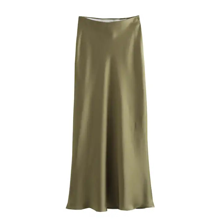 Sundae Green Satin Straight Cut Midi Skirt