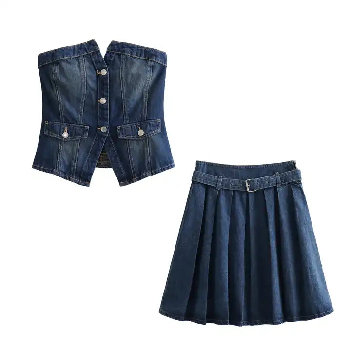 Riyo Blue Denim Pleated Zipper Fly Side Zipper Mini Skirt with Belt