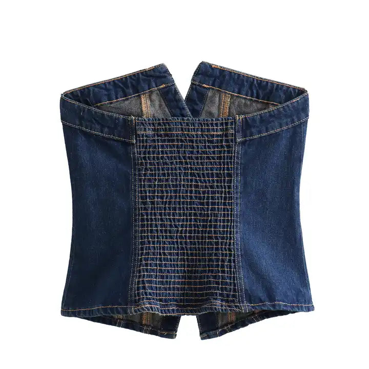 Roanne Blue Denim Single Breasted Front Slit Smocked Back Tube Tank Top