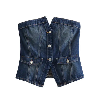Roanne Blue Denim Single Breasted Front Slit Smocked Back Tube Tank Top