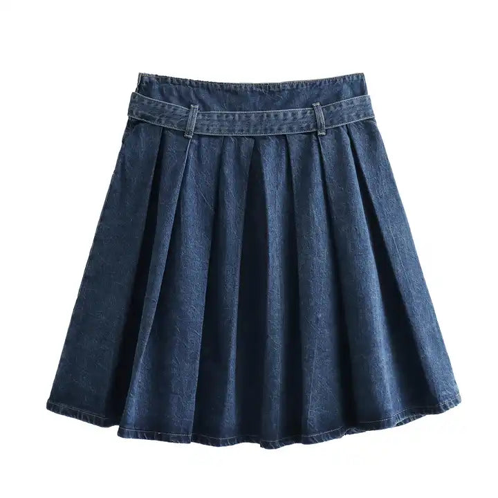 Riyo Blue Denim Pleated Zipper Fly Side Zipper Mini Skirt with Belt