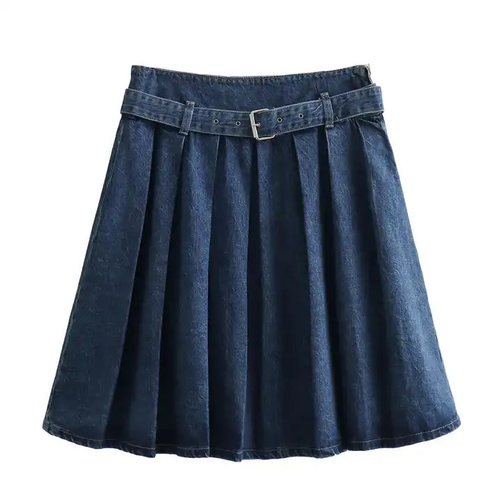 Riyo Blue Denim Pleated Zipper Fly Side Zipper Mini Skirt with Belt