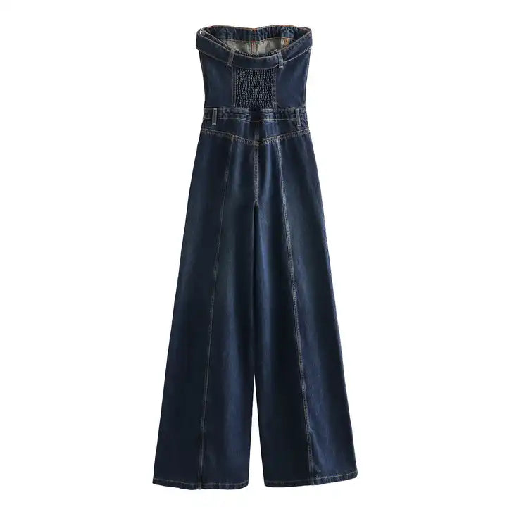 Finnegan Blue Denim Lined Smocked Back Side Zipper Tube Jumpsuit