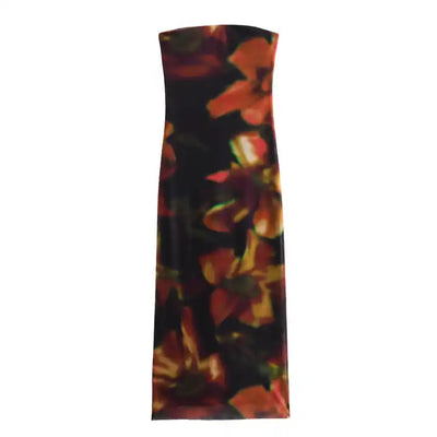 Colleen Black with Orange Floral Print Mesh Tube Midi Dress