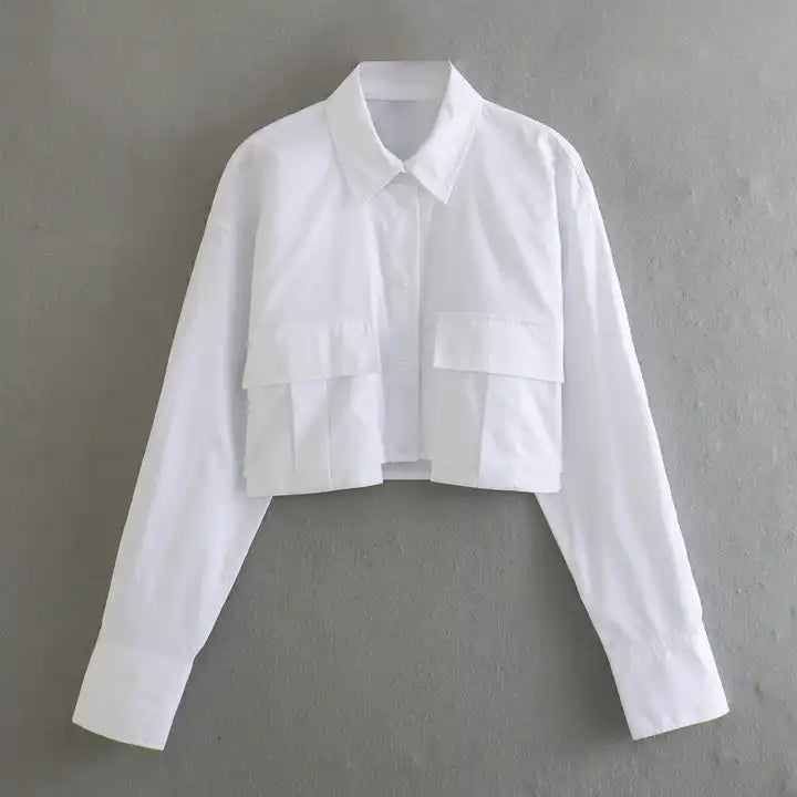 Darina White Turn Down Collar Button Up Front Pockets Long Sleeve Crop Top