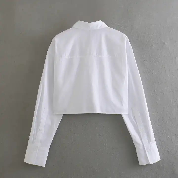 Darina White Turn Down Collar Button Up Front Pockets Long Sleeve Crop Top