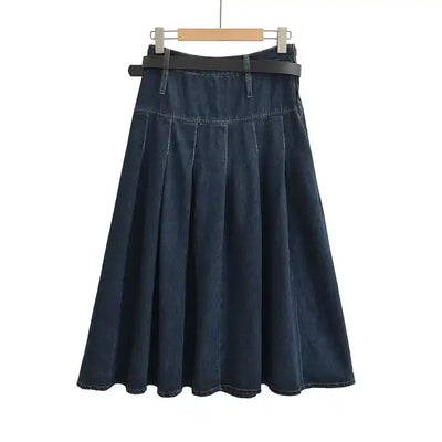 Hershee Blue Denim Pleated Zipper Fly Side Zipper Midi Skirt with Belt