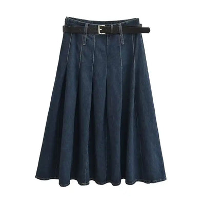 Hershee Blue Denim Pleated Zipper Fly Side Zipper Midi Skirt with Belt