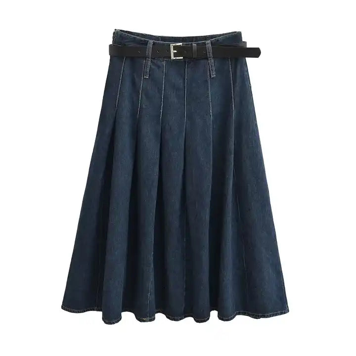 Hershee Blue Denim Pleated Zipper Fly Side Zipper Midi Skirt with Belt