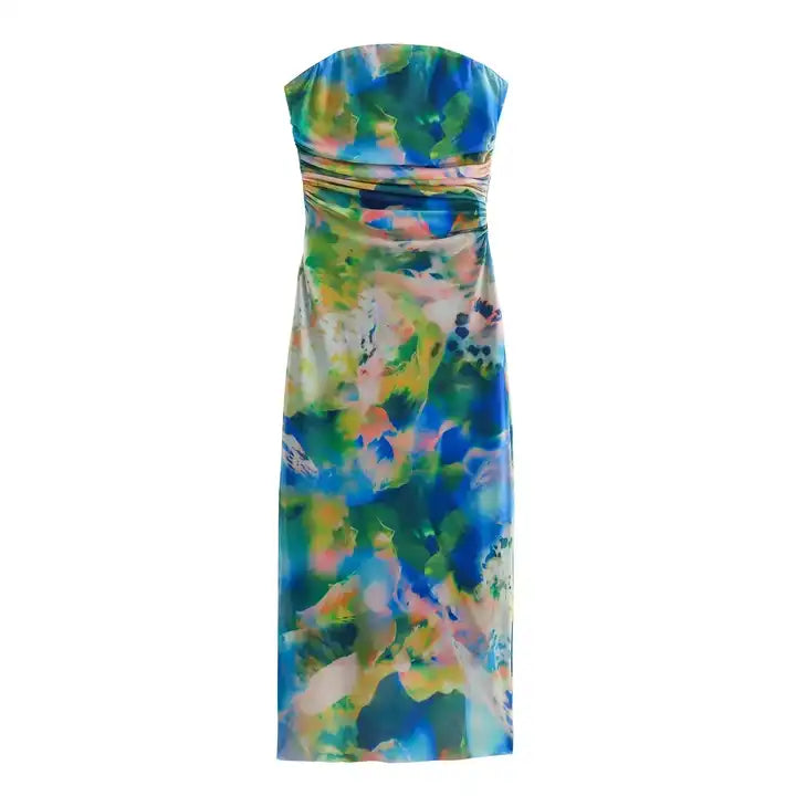 Elba Blue with Green Abstract Print Pleated Sides Mesh Tube Midi Dress