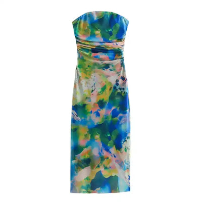 Elba Blue with Green Abstract Print Pleated Sides Mesh Tube Midi Dress