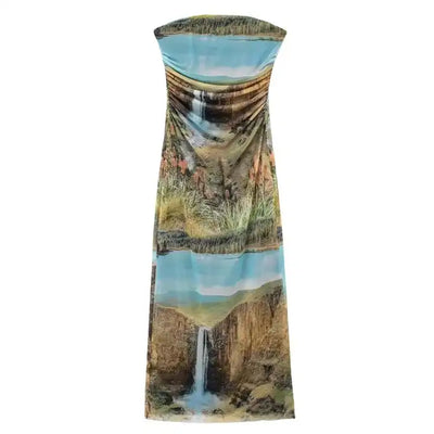 Elba Green with Blue Falls Print Mesh Ruched Sides Tube Midi Dress
