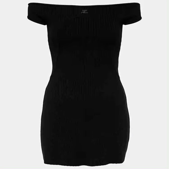 Donatella Black  Off-shoulder Bodycon Rib Knit Mini Dress