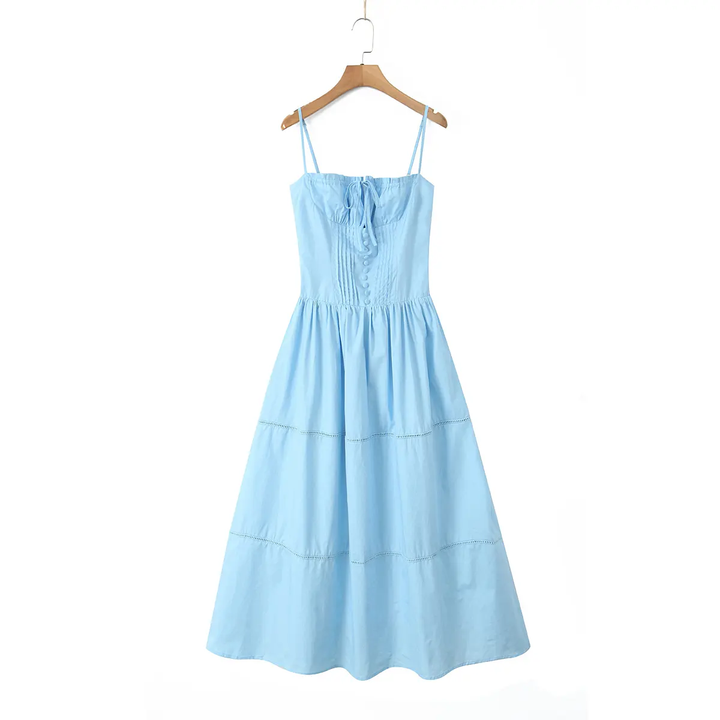 Olivette Blue Button Down Ruched Bust Square Neck Tiered Midi Dress