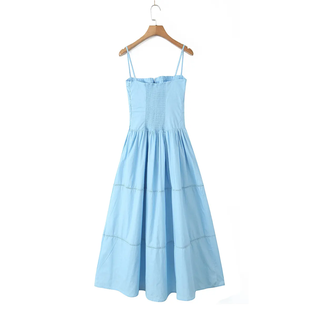 Olivette Blue Button Down Ruched Bust Square Neck Tiered Midi Dress