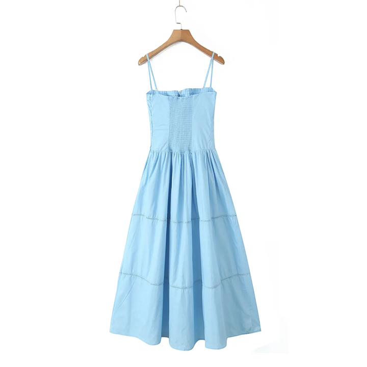 Olivette Blue Button Down Ruched Bust Square Neck Tiered Midi Dress