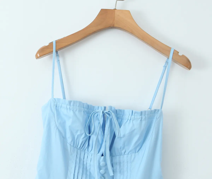Olivette Blue Button Down Ruched Bust Square Neck Tiered Midi Dress