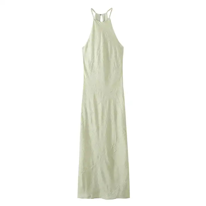 Miffy Pastel Green Lined Textured Hallow Out Back Halter Sleeveless Midi Dress