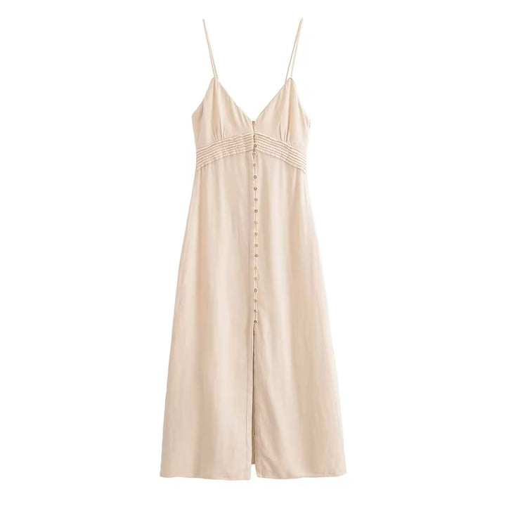 Elowen Sand V-Neck Button-Down Closure Midi Dress