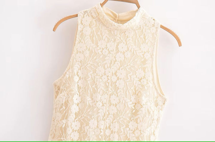 Zeya Soft Beige Floral Lace Pattern High Collar Midi Dress