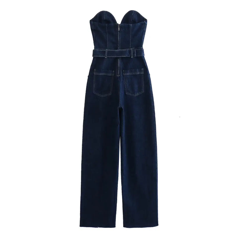 Chester Dark Blue Sweetheart Neckline Multi Pockets Back Zipper with Belt Tube Jumpsuit