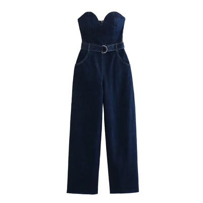 Chester Dark Blue Sweetheart Neckline Multi Pockets Back Zipper with Belt Tube Jumpsuit