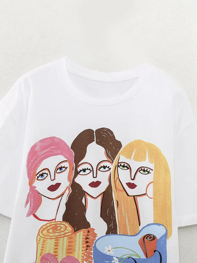 Cid White With Ladies Graphic Print Round Neck Short Sleeves Top