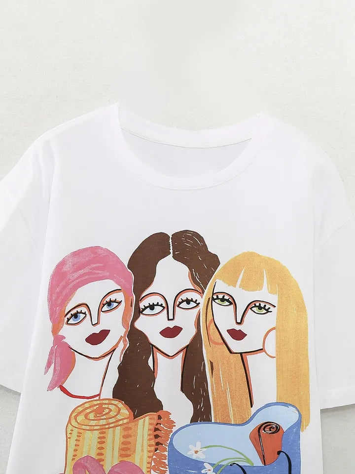 Cid White With Ladies Graphic Print Round Neck Short Sleeves Top