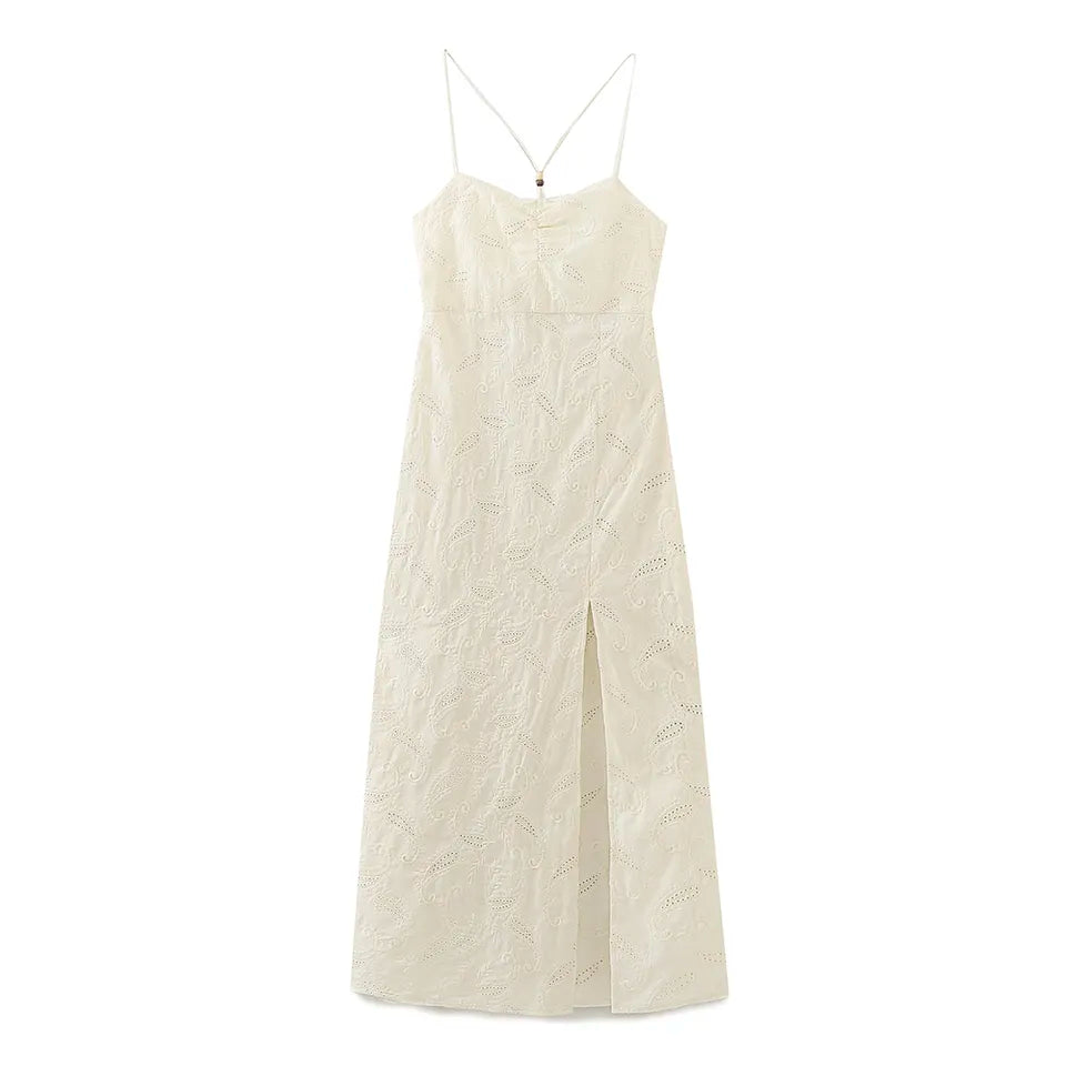 Clarestine Beige Eyelet Halter Beaded Strap Hollow Back Side Slit Maxi Dress