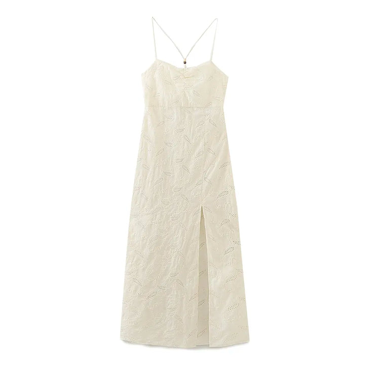 Clarestine Beige Eyelet Halter Beaded Strap Hollow Back Side Slit Maxi Dress