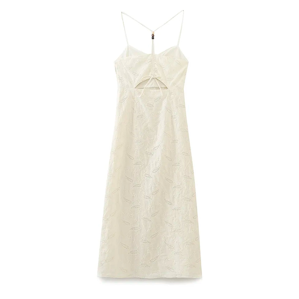 Clarestine Beige Eyelet Halter Beaded Strap Hollow Back Side Slit Maxi Dress