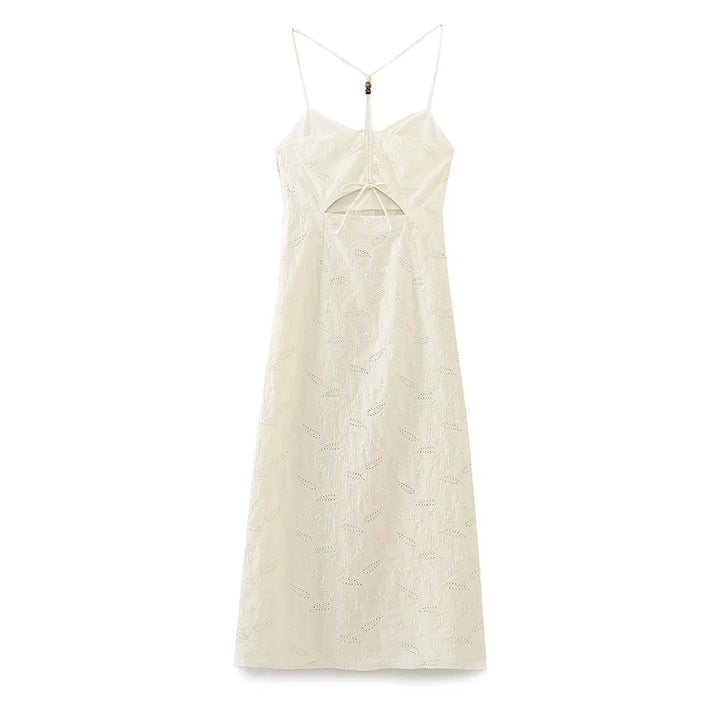 Clarestine Beige Eyelet Halter Beaded Strap Hollow Back Side Slit Maxi Dress
