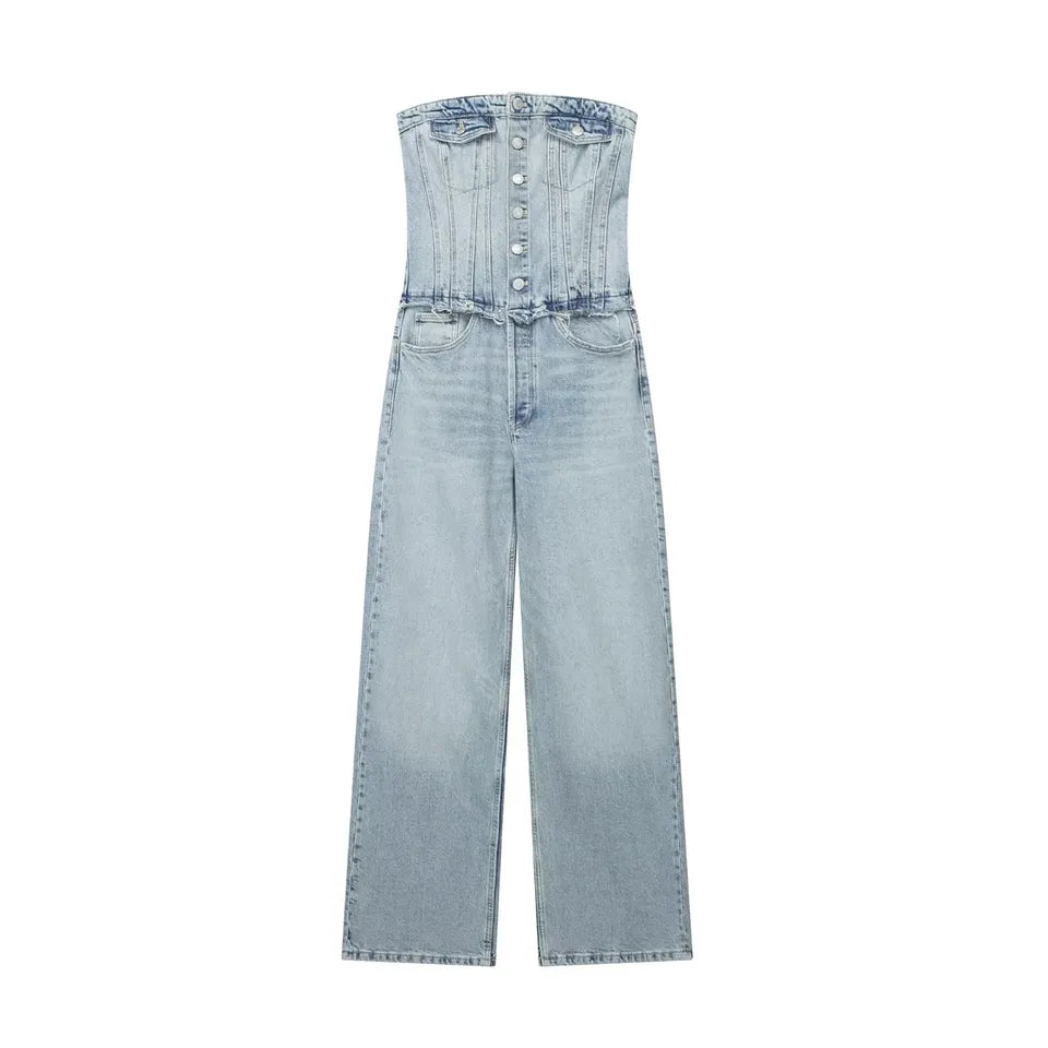 Conan Light Blue Denim Buttons Up Smocked Back Multi-Pockets Tube Jumpsuit