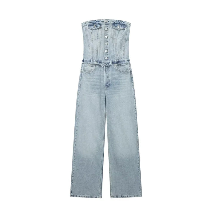 Conan Light Blue Denim Buttons Up Smocked Back Multi-Pockets Tube Jumpsuit