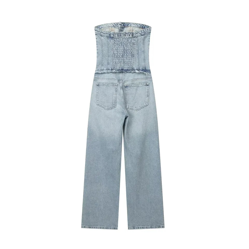 Conan Light Blue Denim Buttons Up Smocked Back Multi-Pockets Tube Jumpsuit