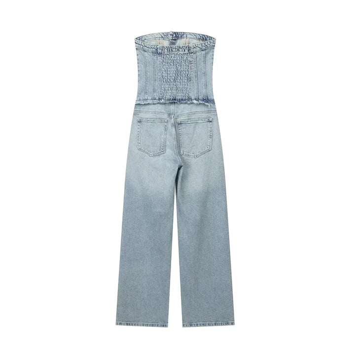 Conan Light Blue Denim Buttons Up Smocked Back Multi-Pockets Tube Jumpsuit