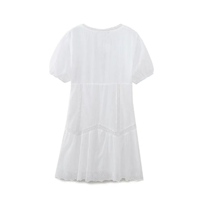 Crystalle White Eyelet V Neckline Short Sleeves Mini Dress'