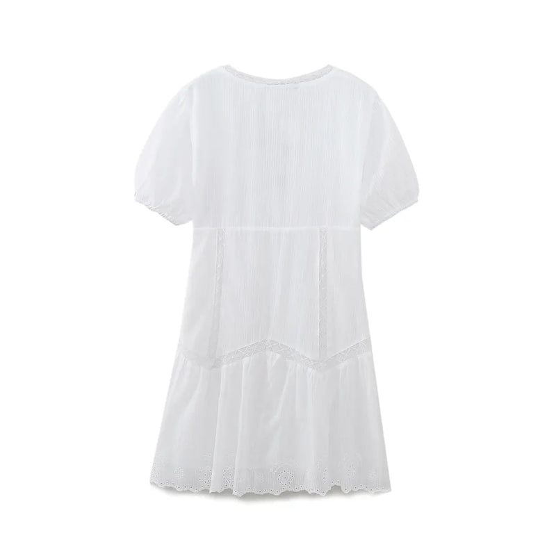Crystalle White Eyelet V Neckline Short Sleeves Mini Dress&