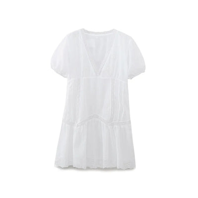 Crystalle White Eyelet V Neckline Short Sleeves Mini Dress'