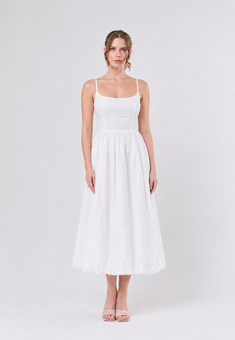 Juana White Gathered Balloon Midi Dress