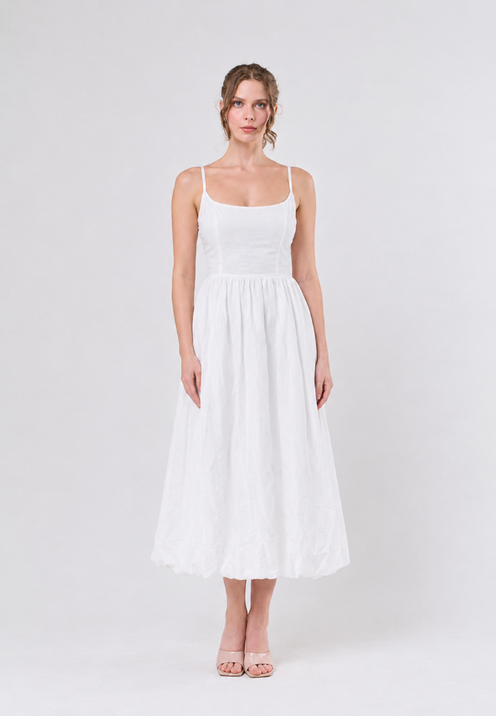 Juana White Gathered Balloon Midi Dress