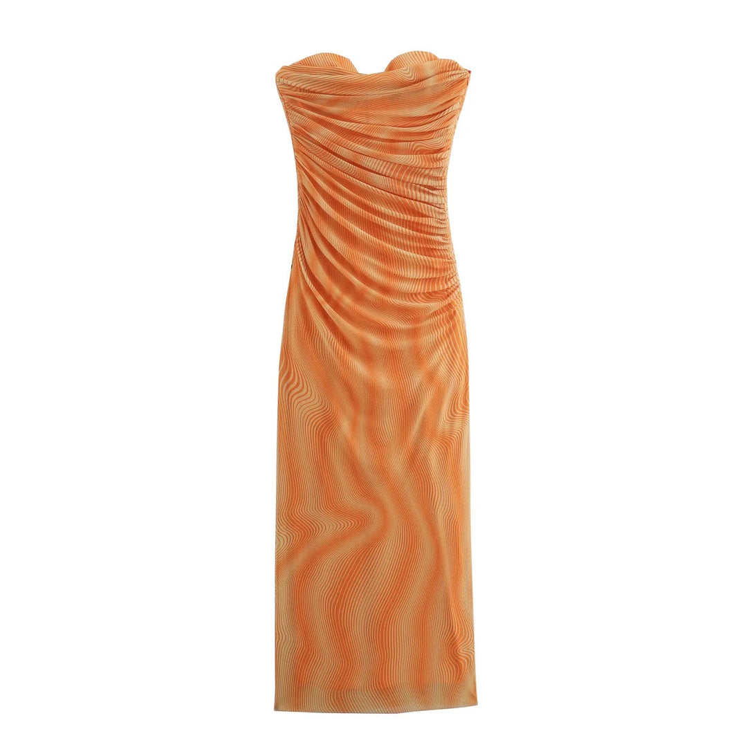 Canyon Burnt Orange Wave Pattern Mesh Tube Midi Dress