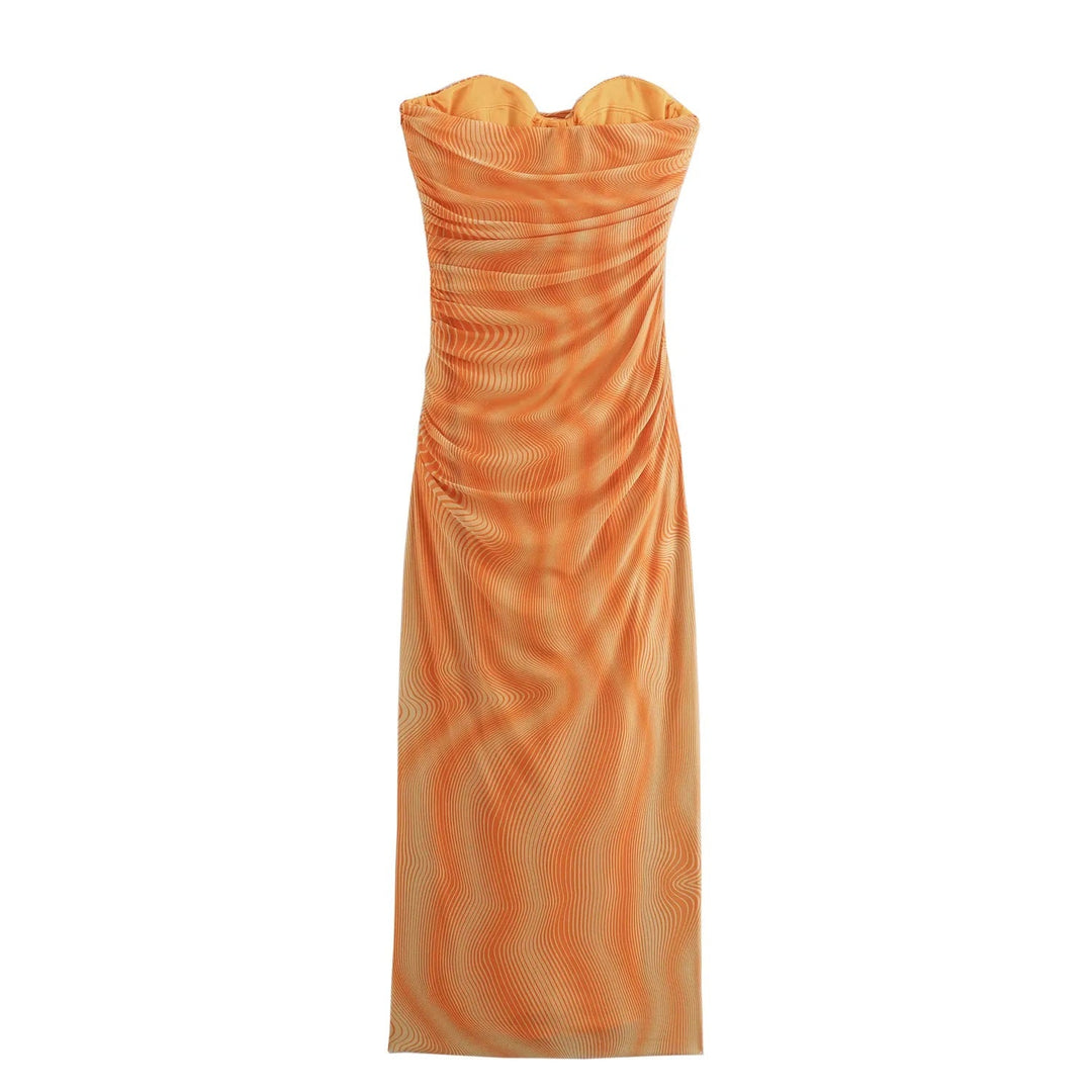 Canyon Burnt Orange Wave Pattern Mesh Tube Midi Dress