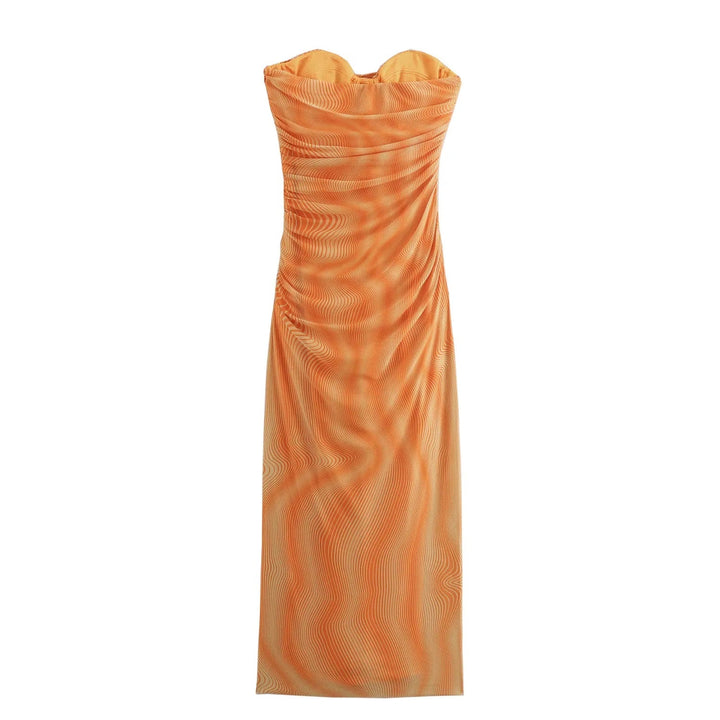 Canyon Burnt Orange Wave Pattern Mesh Tube Midi Dress