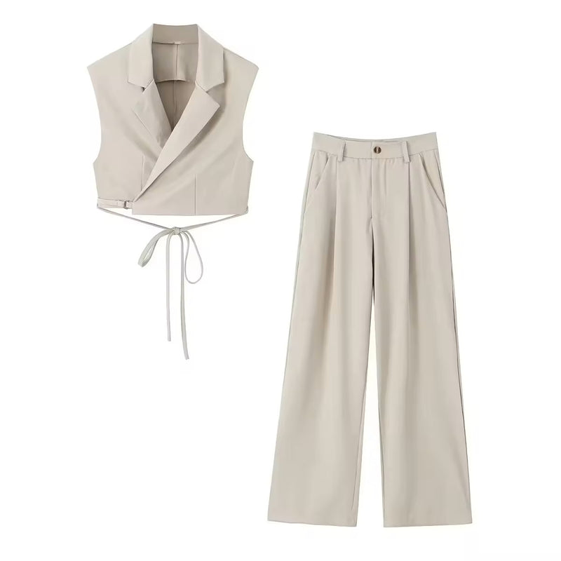 Capuccine Beige Notched Collar Crop Vest and Zipper Fly Full Length Trouser Set