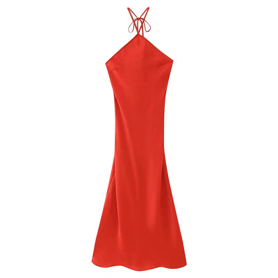 Cariana Tomato Red Halter Neck Open Back Sleeveless Midi Dress