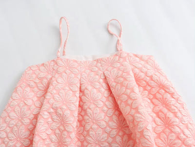 Charisma Pink Floral Embossed Pattern Sleeveless Pleated Babydoll Mini Dress