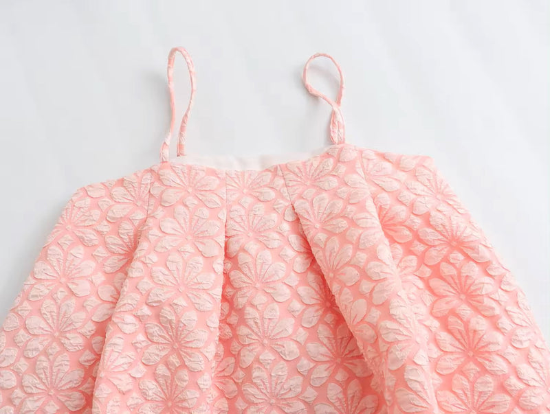 Charisma Pink Floral Embossed Pattern Sleeveless Pleated Babydoll Mini Dress