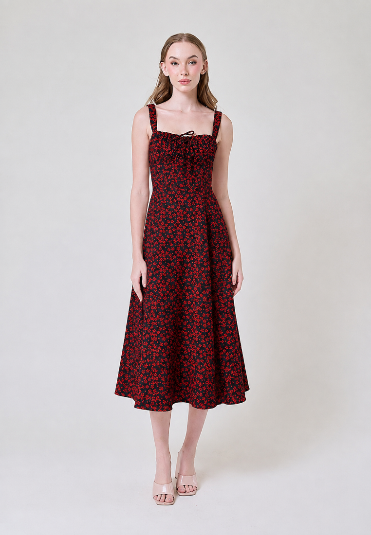 Franziska Black And Red Floral Print Square Neck Tie Bust Front Slit Midi Dress